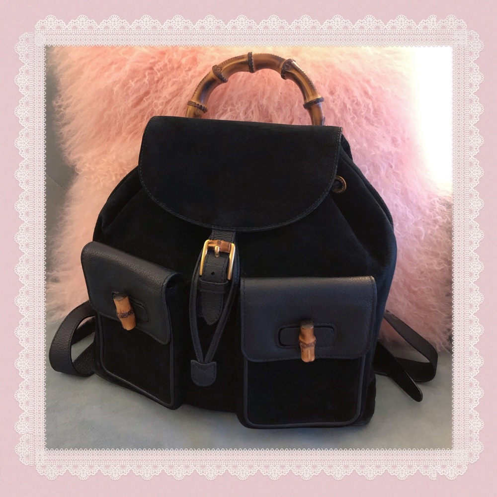 Gucci Black Suede & Leather Bamboo Backpack